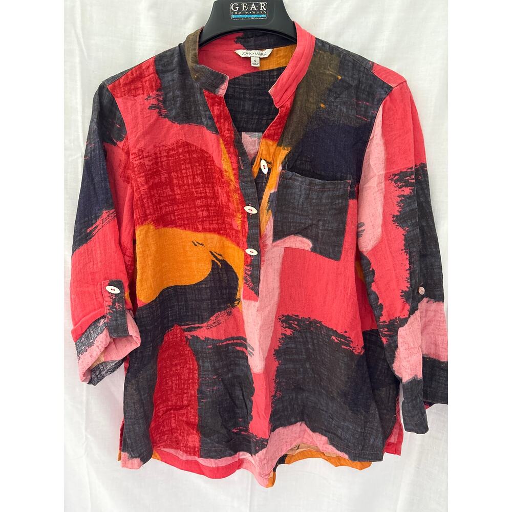 John Mark Abstract Multi Color Popover Shirt Blouse Size Small Wire Collar